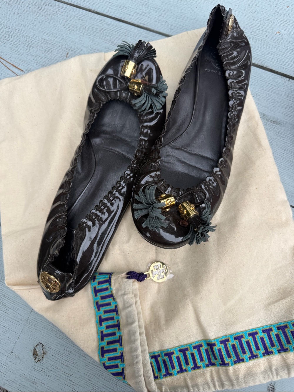 Tory Burch Black Patent Tassel Ballet Flats with Gold Hardware